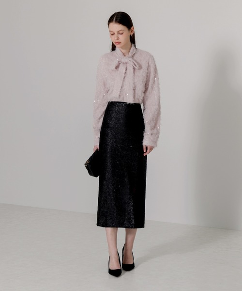 ブラウス シャツ 「LEJA」リボン付き2WAYフェザーファブリックスパンコール刺しゅうブラウス 20代 30代 レディース レジャ Leja リボン付き2WAYフェザーファブリックスパンコール