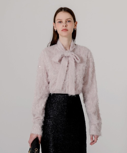 ブラウス シャツ 「LEJA」リボン付き2WAYフェザーファブリックスパンコール刺しゅうブラウス 20代 30代 レディース レジャ Leja リボン付き2WAYフェザーファブリックスパンコール