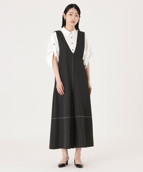 nontokyo リブスカート切り替えボンバージャケット　オールインワン 上品でクラシカルなフォルム｜タックウールジャンパースカート