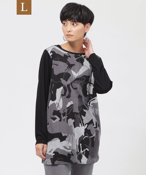 tシャツ 「L」「ウォッシャブル」アニマルシルエットプリントチュニックカットソー レディース