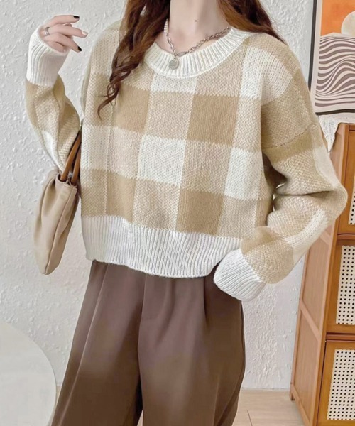 チェック柄ニット ショート丈 長袖ニット【ゆうパケット】 miniministore チェック柄ニット ショート丈 長袖ニット【ゆう