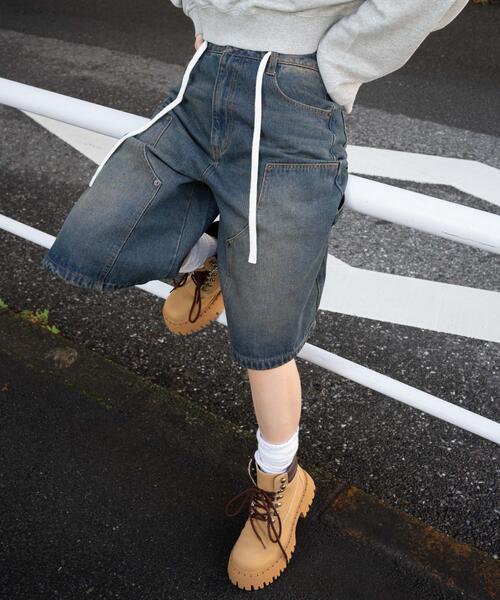 ジーンズ デニム デニムパンツ WEGO/「25年春夏新作」ウエストドロストダブルニーバギーハーフパンツ レディース | WEGO | 19