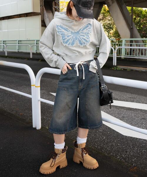 ジーンズ デニム デニムパンツ WEGO/「25年春夏新作」ウエストドロストダブルニーバギーハーフパンツ レディース | WEGO | 22