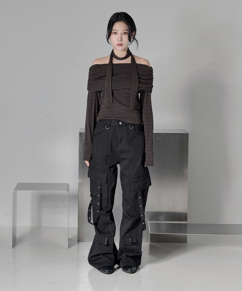 Y2K MAD PANKS ボンテージパンツ　フレア　ベルト　ストライプ　スカル Y2K MAD PANKS ボンテージパンツフレアベルトストライプスカル