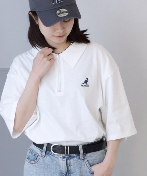 【人気Lサイズ】カサブランカ☆ワンポイント刺繍ロゴ入り総柄半袖ニットポロシャツ カヌ×MONO-MART LADY'S】ロゴ刺繍 配色 サマーニット ポロシャツ