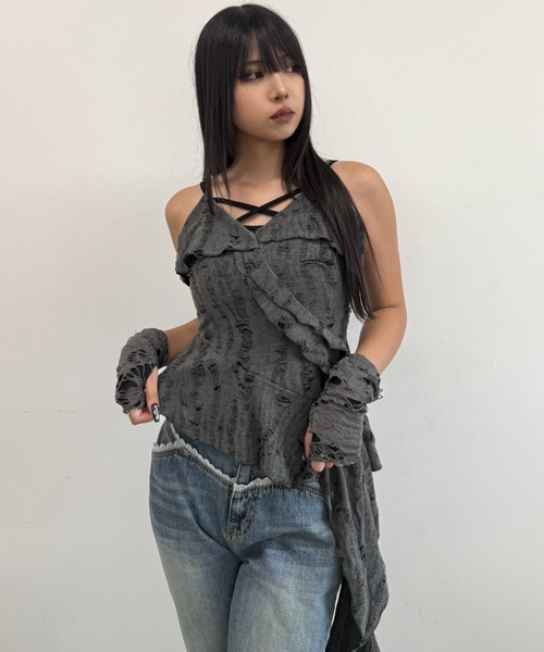 キャミソール A'GEM/9 × .kom 「.KOM/ドットケーオーエム」アームカバー付アシンメトリーフリルキャミソール