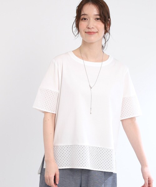 tシャツ 「夏SALE／E‐QUALITY／手洗い可」コットンレースドッキングTシャツ レディース
