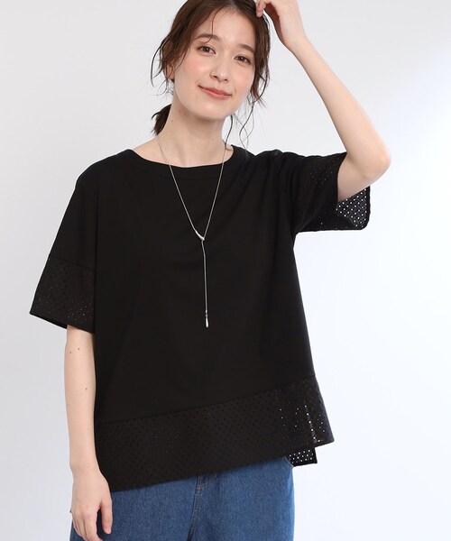 tシャツ 「夏SALE／E‐QUALITY／手洗い可」コットンレースドッキングTシャツ レディース 夏SALE／E‐QUALITY／手洗い可】コットンレースドッキングTシャツ