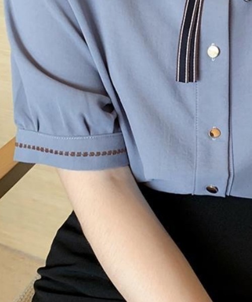 Beststore ブラウス シャツ リボン 付き ボウタイ 半袖 ステッチ