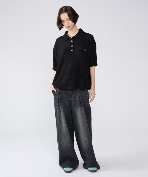 【ONCILY】シルバーボタンダメージニットポロシャツ SILVER BUTTON DAMAGE KNIT POLO SHIRT / シルバーボタン