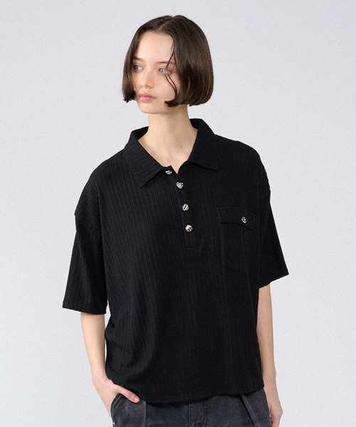 【ONCILY】シルバーボタンダメージニットポロシャツ SILVER BUTTON DAMAGE KNIT POLO SHIRT / シルバーボタン