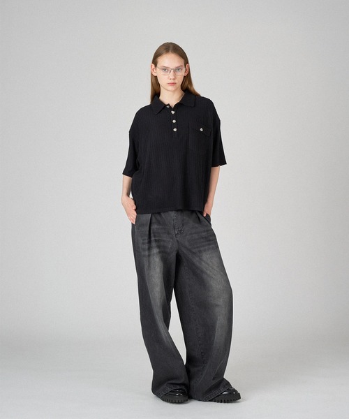 ONCILY ポロシャツ SILVER BUTTON RIB-CUT POLO SHIRT