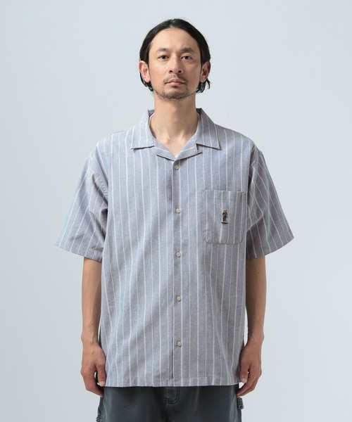 メンズ ストライプシャツ 半袖シャツ クマ 刺しゅう ベアx5371 BAYFLOW シャツ 「TeddyBear/テディベア」刺繍オープンカラー