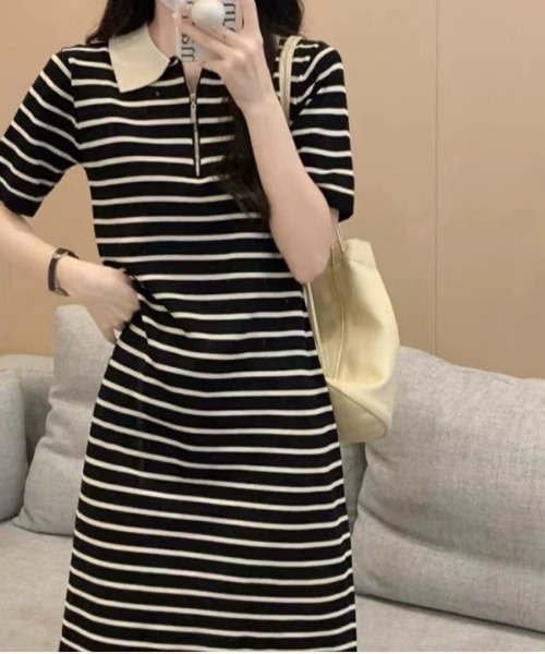 3COLOUR キュート チェック ポロ襟 ニット 半袖 ワンピース WEGO ワンピース WEGO/ポロ襟ボーダー半袖ニット膝丈ロング