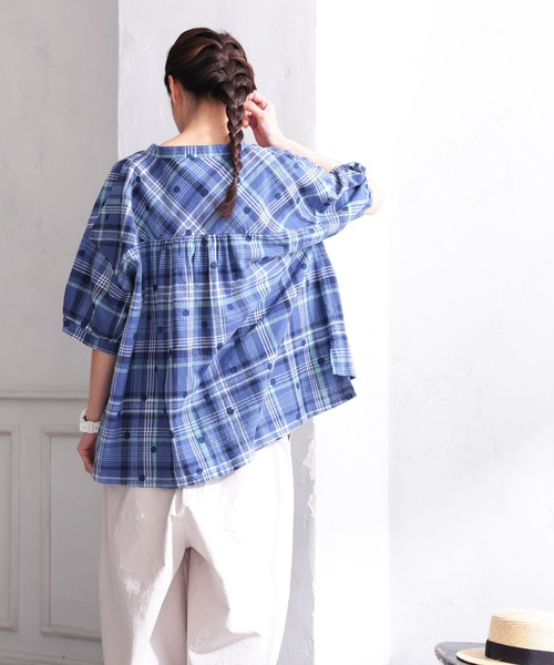 soulberry O.W.N みず玉とチェックのブラウス　3L 未使用 soulberry ブラウス シャツ みず玉とチェックのブラウス