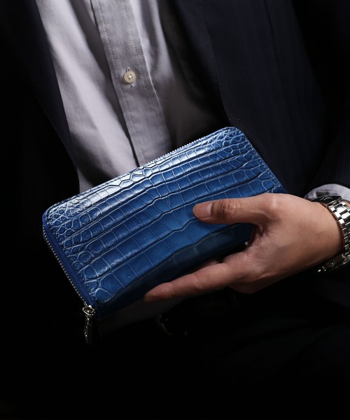 長財布 財布 ナイルクロコダイル長財布 藍染め 日本製 センター取り 一枚革 メンズ レディースの画像