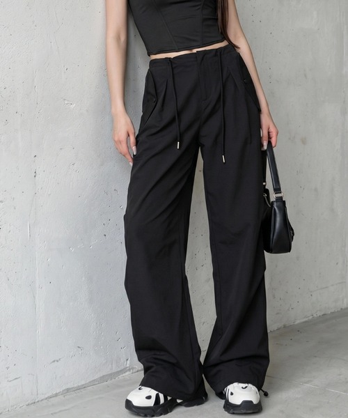cammie ワイドパンツ パンツ 裾タックデザインナイロンパンツ