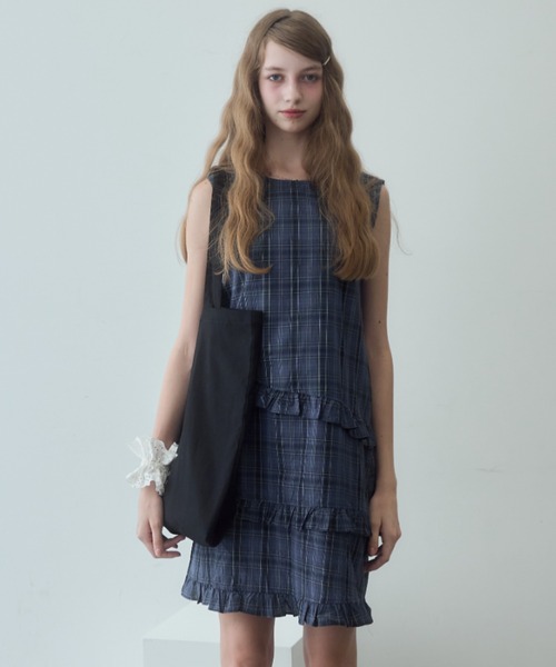 ノースリーブ膝丈ワンピース ネイビー系チェック Birthday room（バースデイルーム） ワンピース チェックノースリーブ