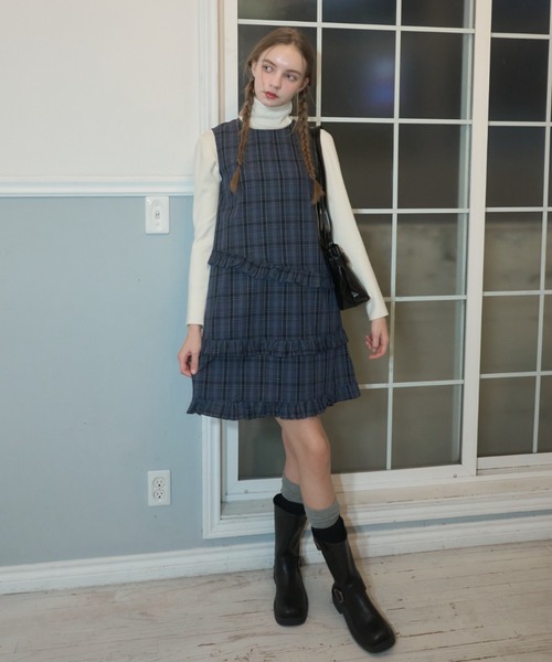 ノースリーブ膝丈ワンピース ネイビー系チェック Birthday room（バースデイルーム） ワンピース チェックノースリーブ