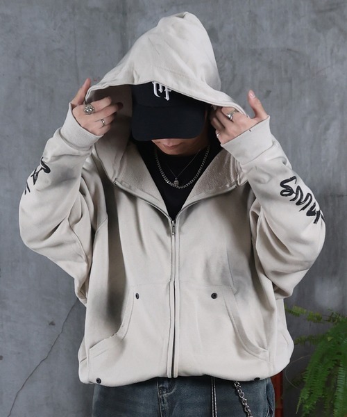 パーカー AW 汚れ加工 袖プリント フルZIPパーカー メンズ レディース