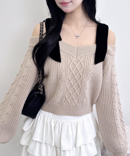 INGNI（イング） ニット セーター 2Wayベロアリボンオフショルケーブル