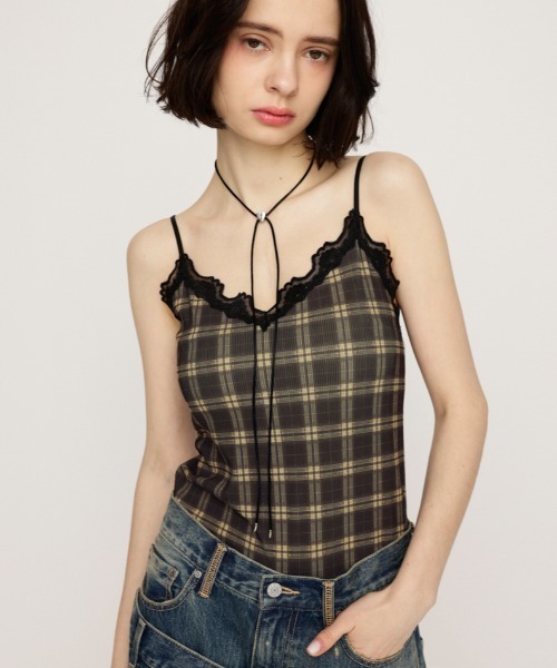 SLY（スライ） キャミソール LIMITED ITEM CHECK PRINT LACE CAMI