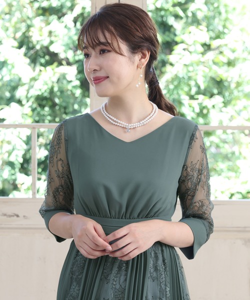 極美品❤️プリーツ×レース 7分袖結婚式ワンピースドレス 同窓会 二次会 Mサイズ プリーツ×レース 7分袖結婚式ワンピースドレス 同窓会 二次会