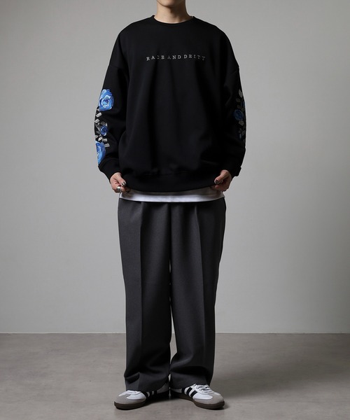 RE730 トレーナー スウェット Sleeve rose embroidery wide sweatshirt