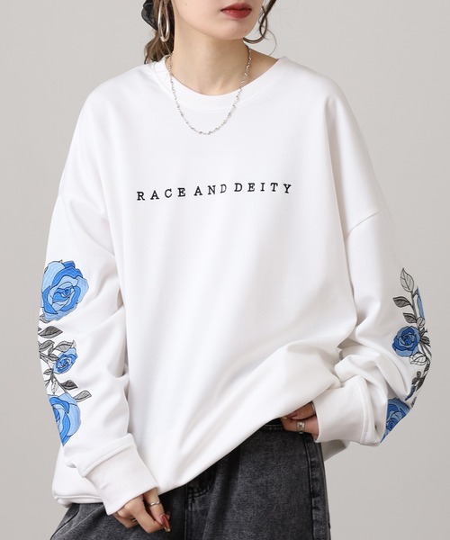 RE730 トレーナー スウェット Sleeve rose embroidery wide sweatshirt