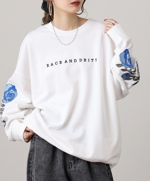 RE730 トレーナー スウェット Sleeve rose embroidery wide sweatshirt
