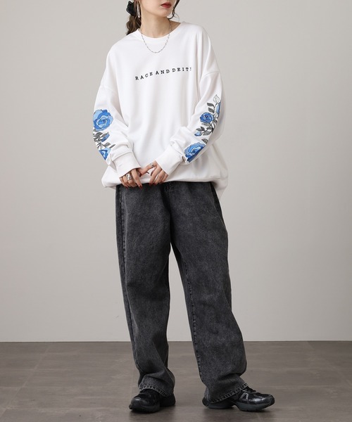 RE730 トレーナー スウェット Sleeve rose embroidery wide sweatshirt