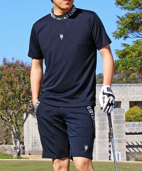 PING 上下セット　半袖　ハーフパンツ　ブラック　ゴルフ　メンズ GIORNO SEVEN ゴルフ 吸汗速乾ドライ 総柄 上下セットアップ