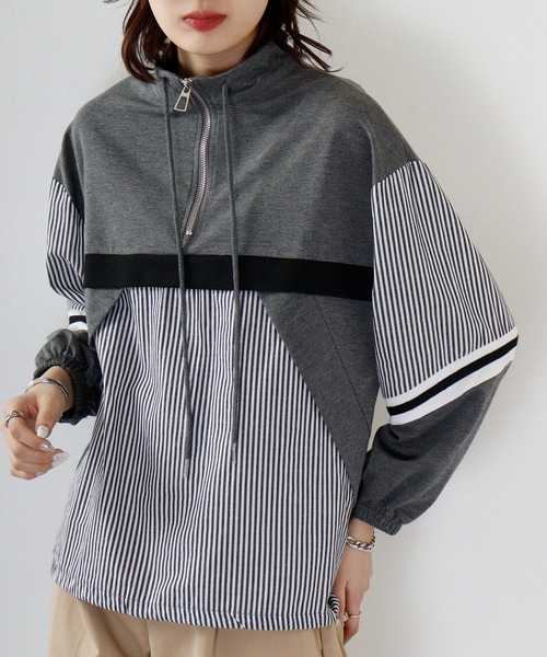 tシャツ a.n.l ストライプ切替プルオーバー レディース