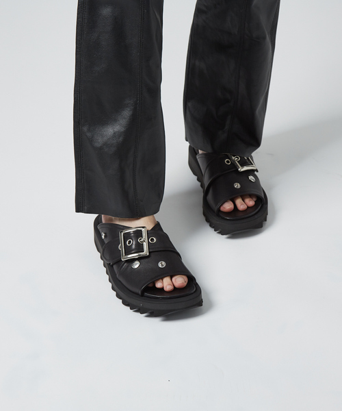 ALDO ★ レザー スクウェアトュ スライドサンダル カジュアル alfredoBANNISTER サンダル 「WRAP SHOES」ライダース バックル