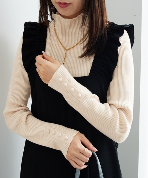 Viola e ニット セーター 洗えるもちもち 袖ボタンリブニット