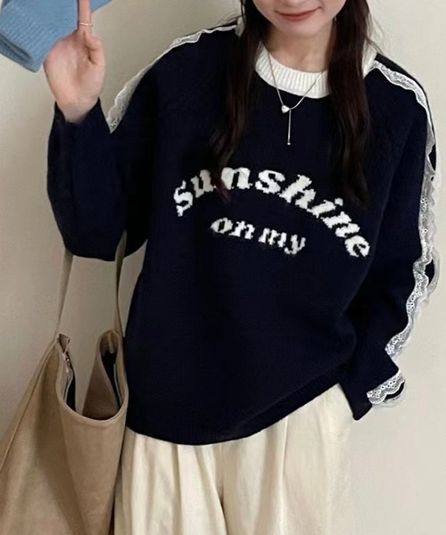 ニット セーター 袖レースラインロゴジャガードニット レディース
