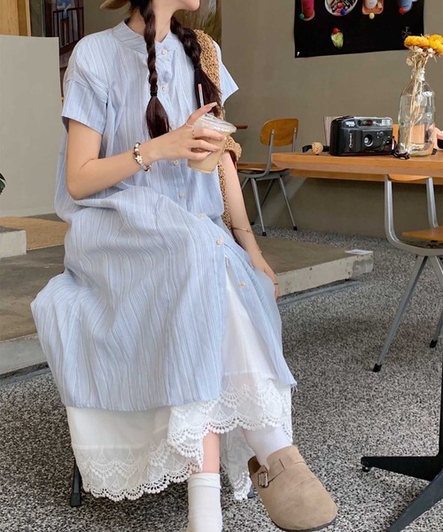 aimoha シャツワンピース ノーカラーストライプシャツワンピース