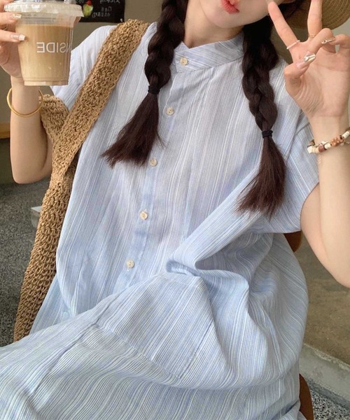 aimoha シャツワンピース ノーカラーストライプシャツワンピース