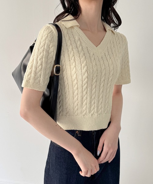【Cider】襟付 ケーブル ニット セットアップ miniministore ケーブルニットセットアップレディース秋冬