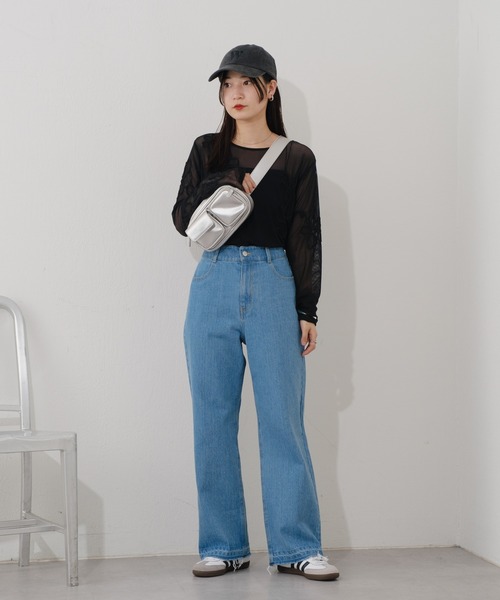 kastane レースデニムパンツ　ライトブルー ダメージデニム 低身長サイズ/2サイズ展開/ウエスト調節可】レースデニムパンツ