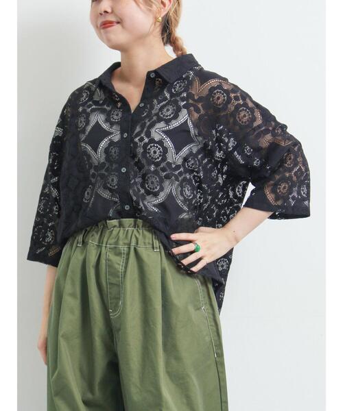 mame  Aga Black オーガニックコットンレースシャツブラウス ボタニカルレースシャツブラウス｜BIGI online store - ビギ