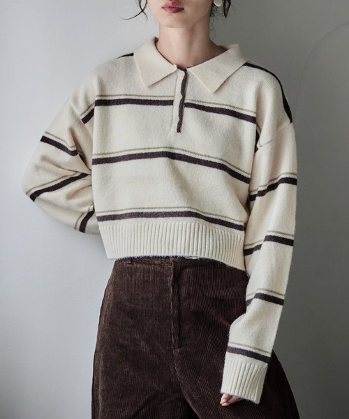 etoll.（エトル） ニット セーター マルチボーダーポロ襟ニット