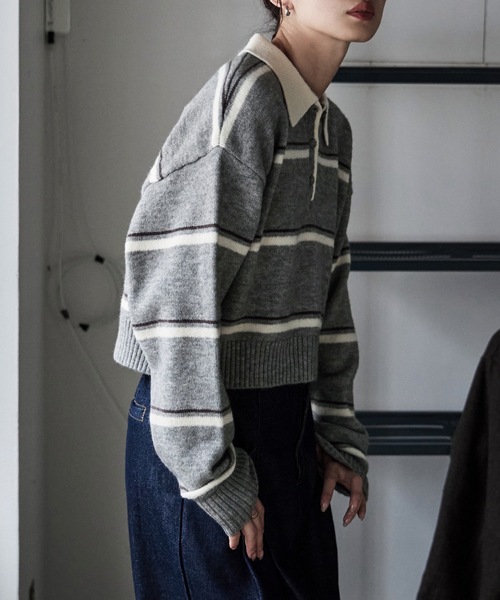 etoll.（エトル） ニット セーター マルチボーダーポロ襟ニット