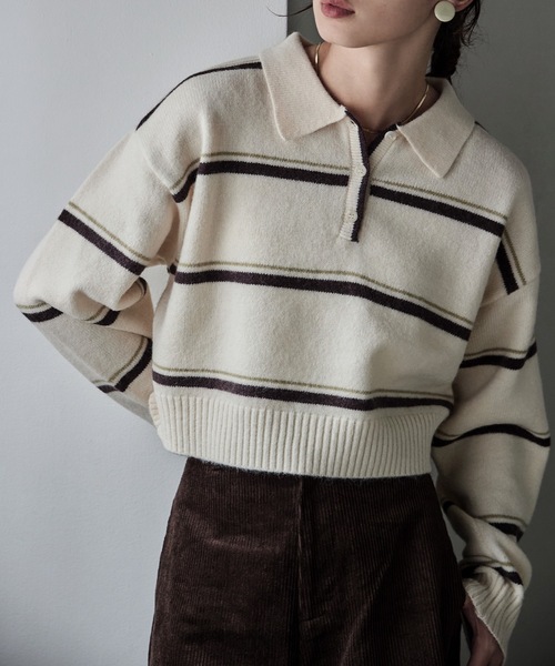 etoll.（エトル） ニット セーター マルチボーダーポロ襟ニット