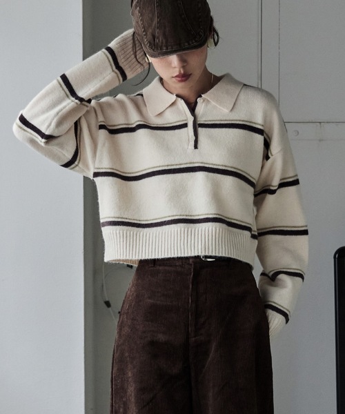 etoll. ニット セーター マルチボーダーポロ襟ニット レディース