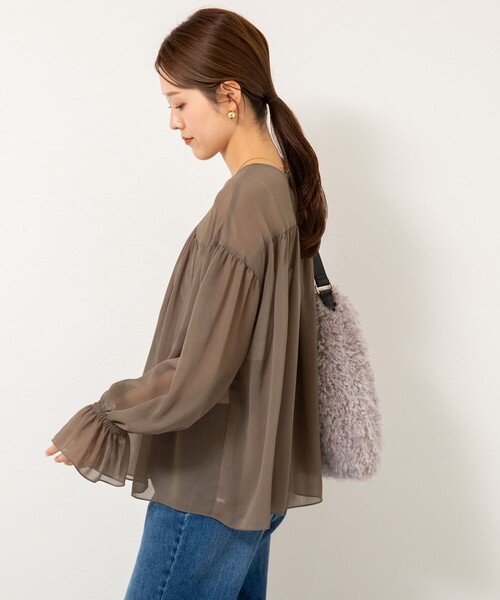 67 nowos / ロクシチノーウォス | 楊柳 コットン ブラウス シャツ | ブラウン | レディース NOLLEY'S（ノーリーズ） ブラウス シャツ ウォッシャブル楊柳ギャザー