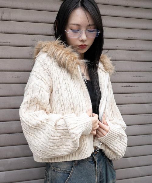 WEGO（ウィゴー） パーカー WEGO/フェイクファー付きケーブルニット