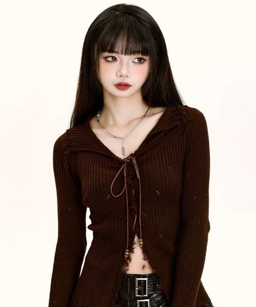 ニット セーター レースアップ グランジニットトップス 長袖 / 韓国 Y2K 肌見せ 春ニット Vネック レディース | lulufa | 02