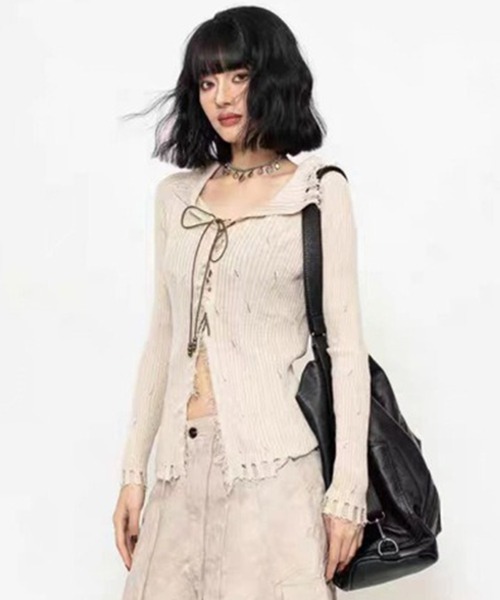 ニット セーター レースアップ グランジニットトップス 長袖 / 韓国 Y2K 肌見せ 春ニット Vネック レディース | lulufa | 07