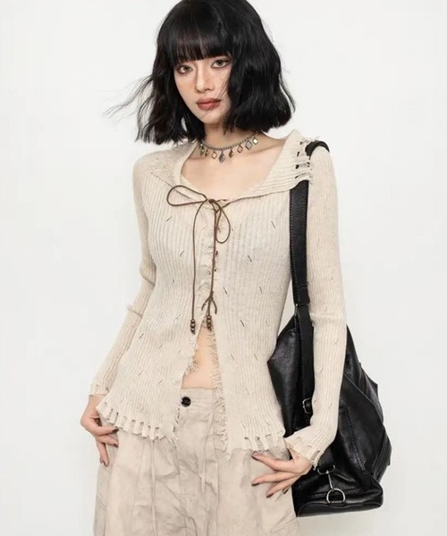 ニット セーター レースアップ グランジニットトップス 長袖 / 韓国 Y2K 肌見せ 春ニット Vネック レディース | lulufa | 08